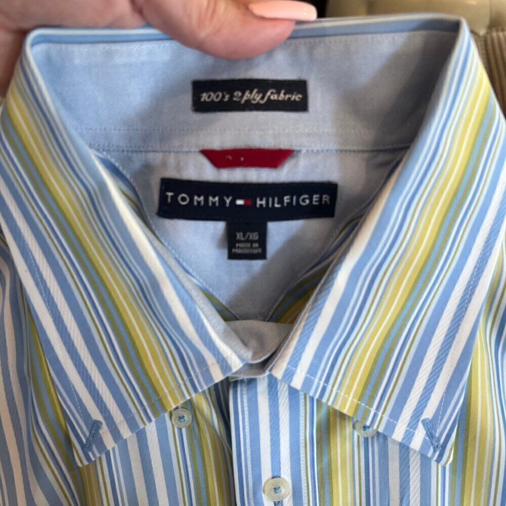 Men's Tommy Hilfiger Blue & yellow striped 2-ply fabric Dress Shirt, Size XL